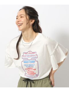 【綿100％】フリルスリーブ プリントTシャツ