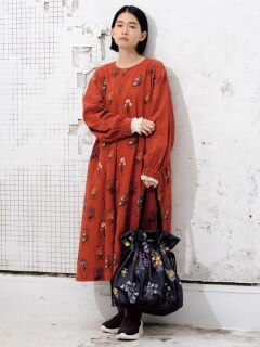 「glanta」デニム/キャンバス ステッチ野花刺繍ギャザートートバッグ