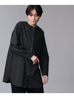 【日本製/コットン100%】デザインスリーブノーカラージップシャツ