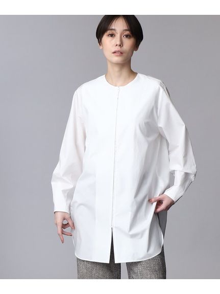【日本製/コットン100%】デザインスリーブノーカラージップシャツ（シャツ・ブラウス）INDIVI（インディヴィ）  01
