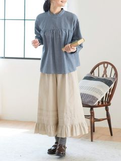 大きいサイズ 綿100％スカート見えする裾フリルワイドパンツ（ゆったりヒップ）