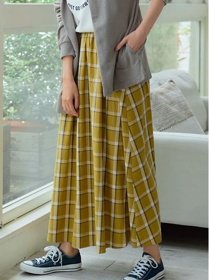 Alinoma】大きいサイズ 素材感あふれるチェック柄ロングスカート