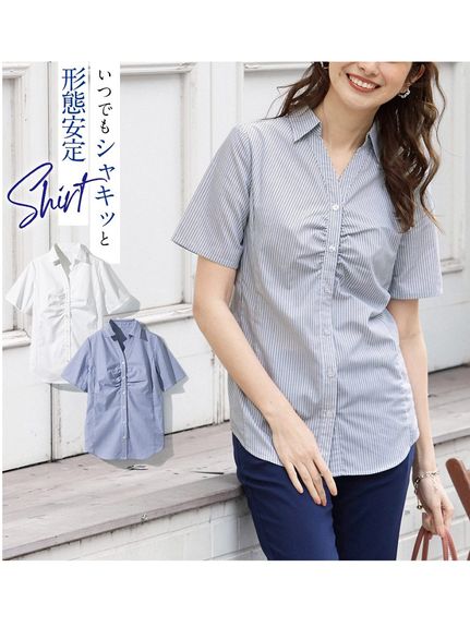 大きいサイズ　形態安定半袖ギャザーシャツ（シャツ・ブラウス）SMILELAND（スマイルランド (Lー10L)） 0 01