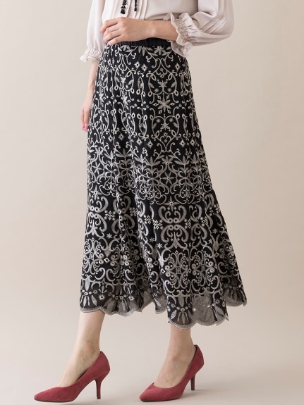 Alinoma】カットワーク刺繍フレアスカート／大きいサイズ ローズ 