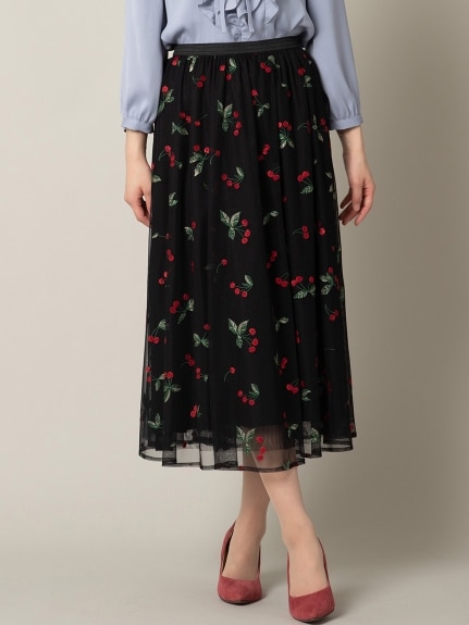 チェリー刺繍チュールフレアスカート／大きいサイズ ローズティアラ