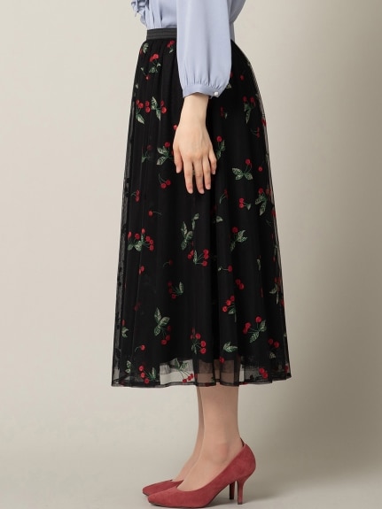 チェリー刺繍チュールフレアスカート／大きいサイズ ローズティアラ