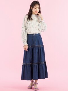 【22夏新作】ギャザーティアードデニムスカート/ 大きいサイズ ローズティアラ