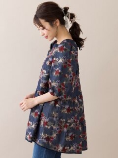 【22冬新作】デニム刺繍裾フレアブラウス／大きいサイズ ローズティアラ