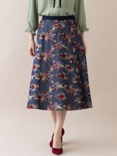 デニム刺繍フレアスカート／大きいサイズ ローズティアラ