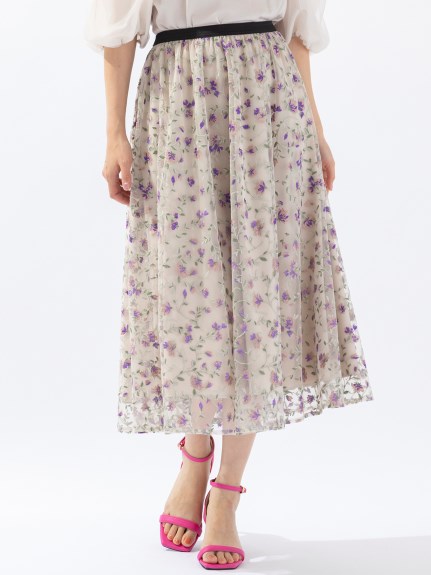 Alinoma】チュール刺繍フレアスカート／ 大きいサイズ ローズティアラ 