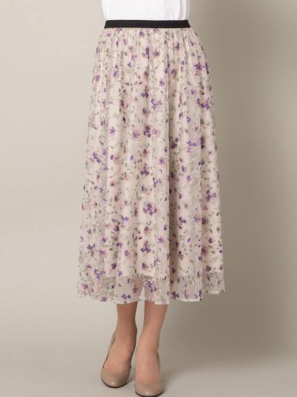 Alinoma】チュール刺繍フレアスカート／ 大きいサイズ ローズティアラ 