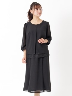 【喪服・礼服】シフォン素材　裾レースブラウスとスカートのスーツ2点セット 大きいサイズ