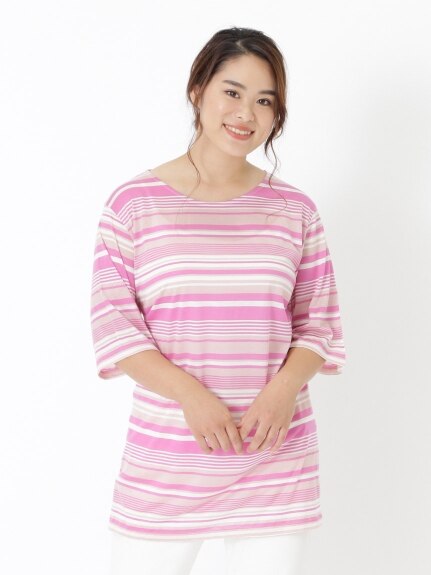 【3-6L】【日本製】テンセルマルチボーダーTシャツ　大きいサイズ レディース（Tシャツ）QUINTY（クインティ (3Lー8L)）  01