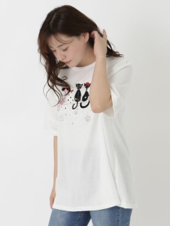 【3-8L】ネコアップリケTシャツ　大きいサイズ レディース