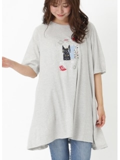 【3-8L】お洋服アップリケロング丈Tシャツ　大きいサイズ レディース
