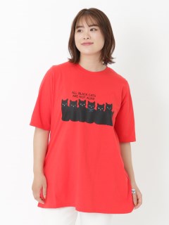 神保町にゃんこ堂コラボ【3-10L】ブラックキャットプリントTシャツ　大きいサイズ レディース