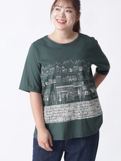 [３L・8L][日本製] タウン＆カフェプリントTシャツ
