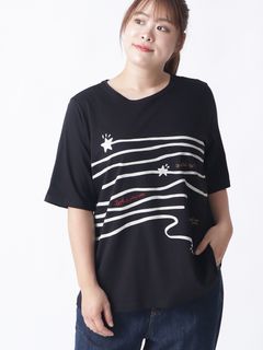 [３L・8L][日本製]  ボーダー手書き風プリントTシャツ