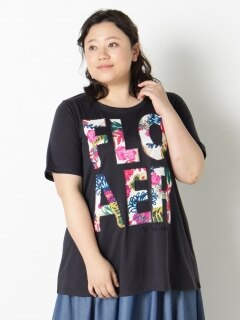 【3-10L】花プリントアップリケTシャツ　大きいサイズ レディース