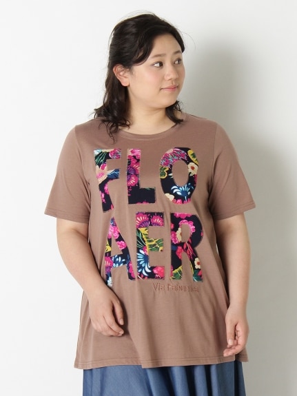 【3-10L】花プリントアップリケTシャツ　大きいサイズ レディース（Tシャツ）Tasha ruby（ターシャルビー (3Lー8L)）  01