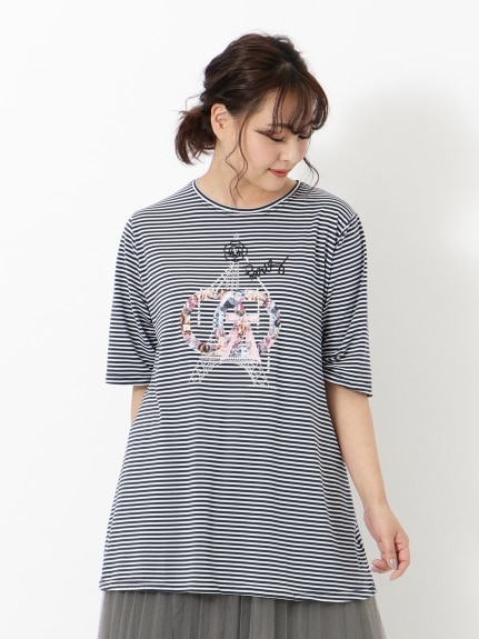 【3-8L】ボーダープリントTシャツ　大きいサイズ レディース（Tシャツ）Tasha ruby（ターシャルビー (3Lー8L)）  01