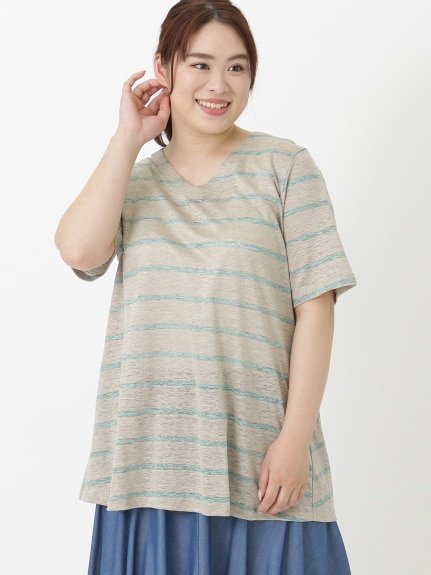【3-10L】【日本製】トップリネン天竺ボーダーVネックTシャツ　大きいサイズ レディース（Tシャツ）Tasha ruby（ターシャルビー (3Lー8L)）  01