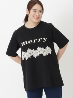 【3-10L】ロゴプリント＆レースTシャツ　大きいサイズ レディース