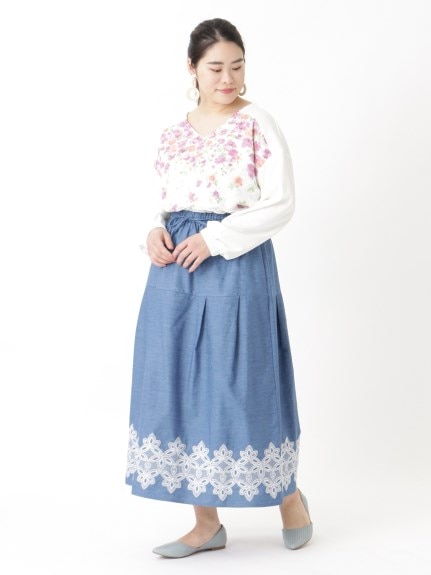 裾刺繍デニムダンガリースカート　大きいサイズ レディース（デニムスカート）Rose Peche（ローズ ペッシュ (Lー5L)）  06