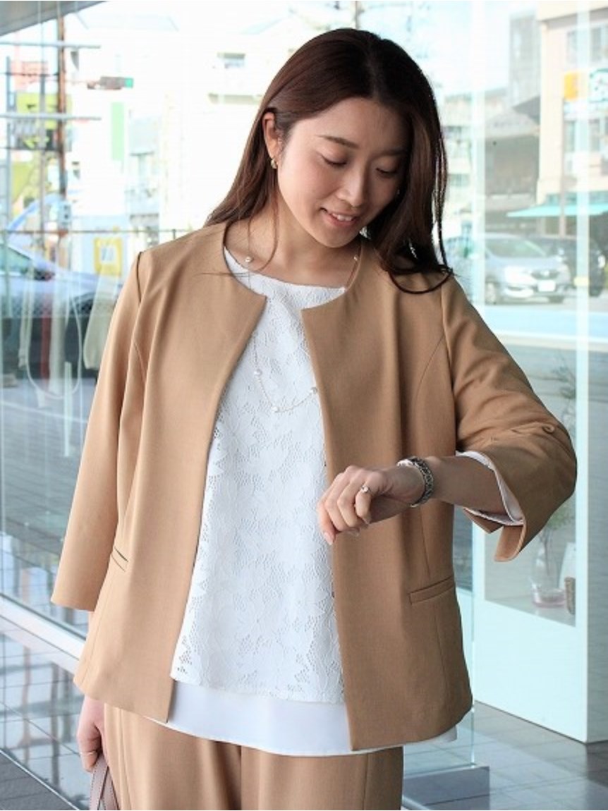 【Alinoma】麻調 ７分袖 ノーカラー ジャケット 大きいサイズ