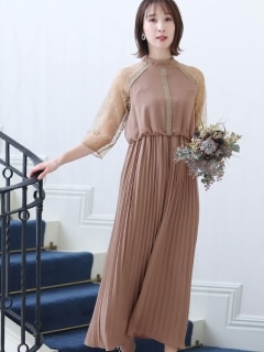 【結婚式・パーティードレス】ネックリボンプリーツスカートドレス　大きいサイズ レディース