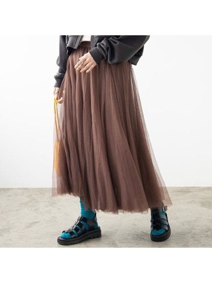 Alinoma】【L-5L】フレアーチュールロングスカート 大きいサイズ