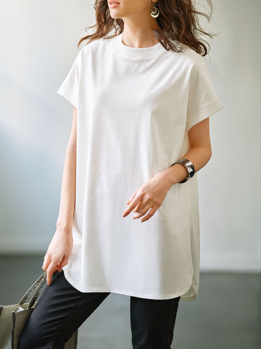 【Alinoma】【L-3L】綿100％フレンチスリーブチュニックTシャツ 大きいサイズ レディースジーラ（GeeRAファッション）(ジーラ