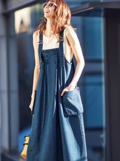 【夏新着】【L-3L】ビッグポケット付デニムジャンパースカート　大きいサイズ レディース