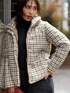 【L-3L】ボリューム衿ツイード調中わたジャケット　大きいサイズ レディース