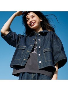 【セットアップ対応】五分袖テントラインデザインデニムジャケット　大きいサイズ レディース