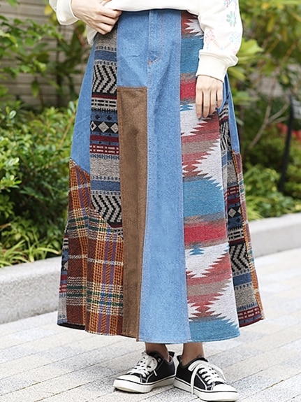 【3-5L】【15号】リメイクデニムパッチロングスカート(ムーチョ)　大きいサイズ レディース