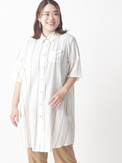 【3-7L】綿麻ストレッチストライプロングシャツ　大きいサイズ レディース