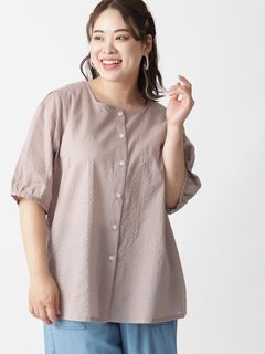【3-7L】【日本製】綿ローンワッシャー衿無しブラウス　大きいサイズ レディース