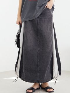 [洗える]異素材ドッキングデニムスカート/大きいサイズ