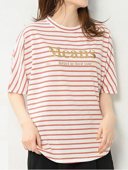 ボーダー×大人ゴールドロゴの半袖Tシャツ　大きいサイズ レディース（Tシャツ）JANJAM（ジャンジャン　コレクション (Lー8L)）  01