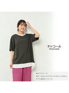 ひんやりコットン素材レイヤード風5分袖Tシャツ　大きいサイズ レディース