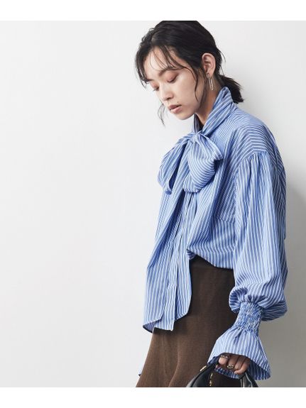 大きいサイズ ビッグリボン付き袖フリルストライプブラウス（シックスタイル）（シャツ・ブラウス）CHIC STYLE（シックスタイル）  37