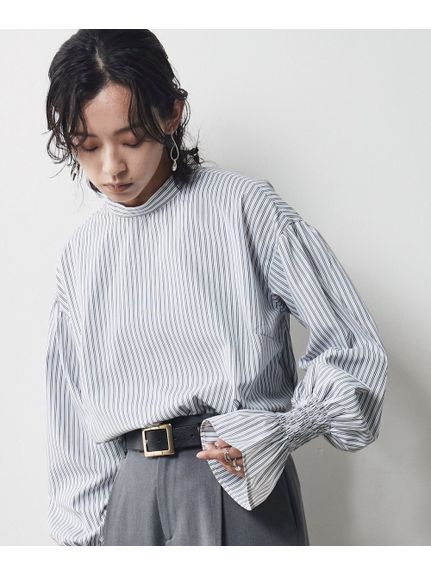 大きいサイズ ビッグリボン付き袖フリルストライプブラウス（シックスタイル）（シャツ・ブラウス）CHIC STYLE（シックスタイル）  45