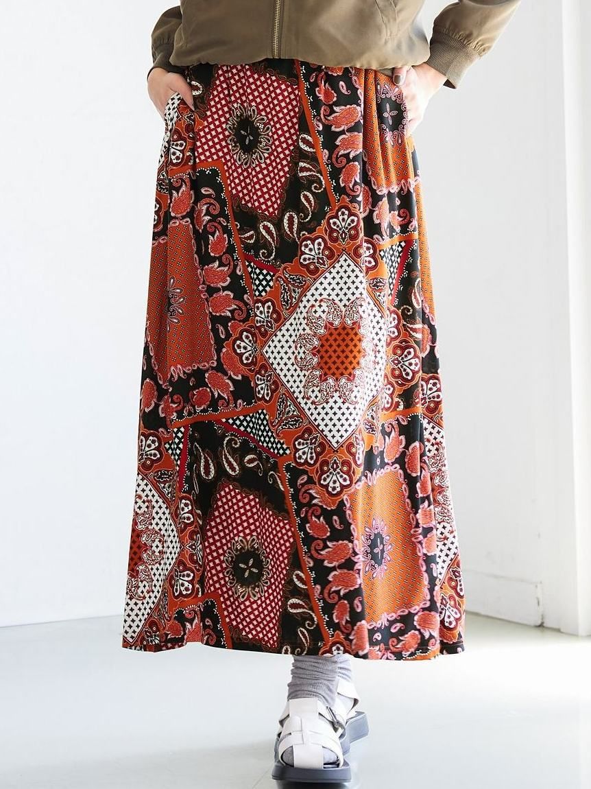 Alinoma】大きいサイズ スカーフ柄プリントロングスカート（ゆったり