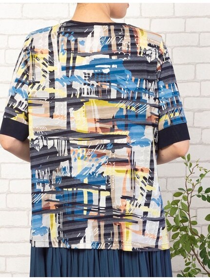 Alinoma】シャドーボーダーアートプリントTシャツ 大きいサイズ 