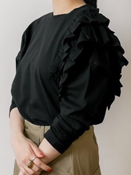 片袖フリル長袖カットソー　大きいサイズ レディース（Tシャツ）Felt Maglietta（フェルトマリエッタ(L-5L)）  01