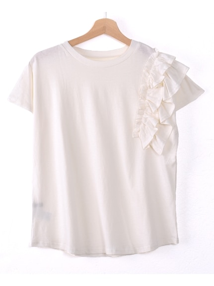 片袖フリルデザインTシャツ　大きいサイズ レディース（Tシャツ）Felt Maglietta（フェルトマリエッタ(L-5L)）  01
