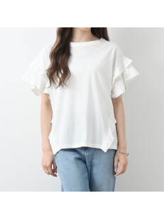 綿100％ 袖ダブルフリルTシャツ　大きいサイズ レディース