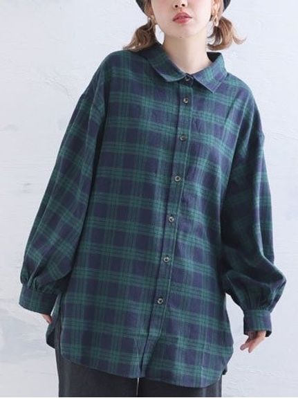 Alinoma】フランネルチェックボリューム袖シャツ / 大きいサイズ