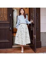 【Alinoma】線画花柄タックフレアースカート 大きいサイズ 